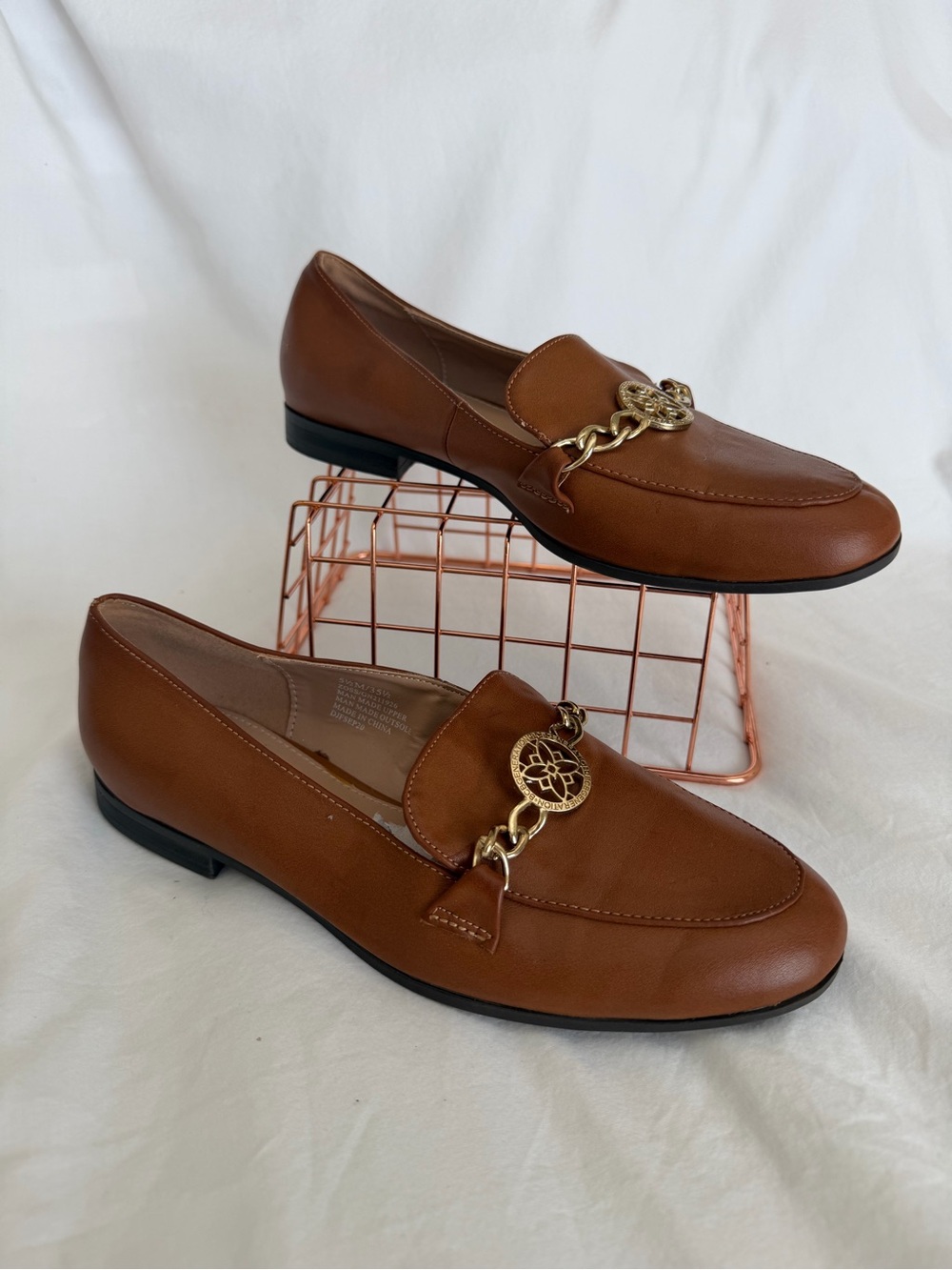 BCBGeneration Tan Leather Chain-Link Loafers